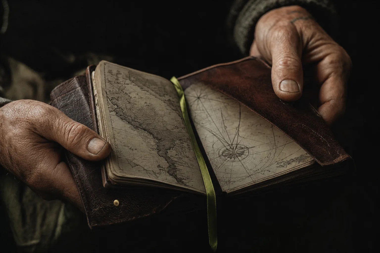 Mains tenant un carnet de voyage en cuir ouvert sur une carte dessinée à la main, un ruban marque la page.