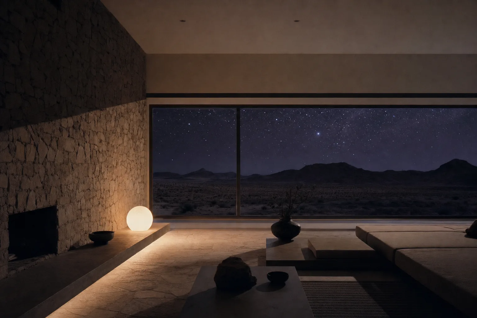 Intérieur d'une villa moderniste la nuit, grande baie ouverte sur un ciel étoilé.